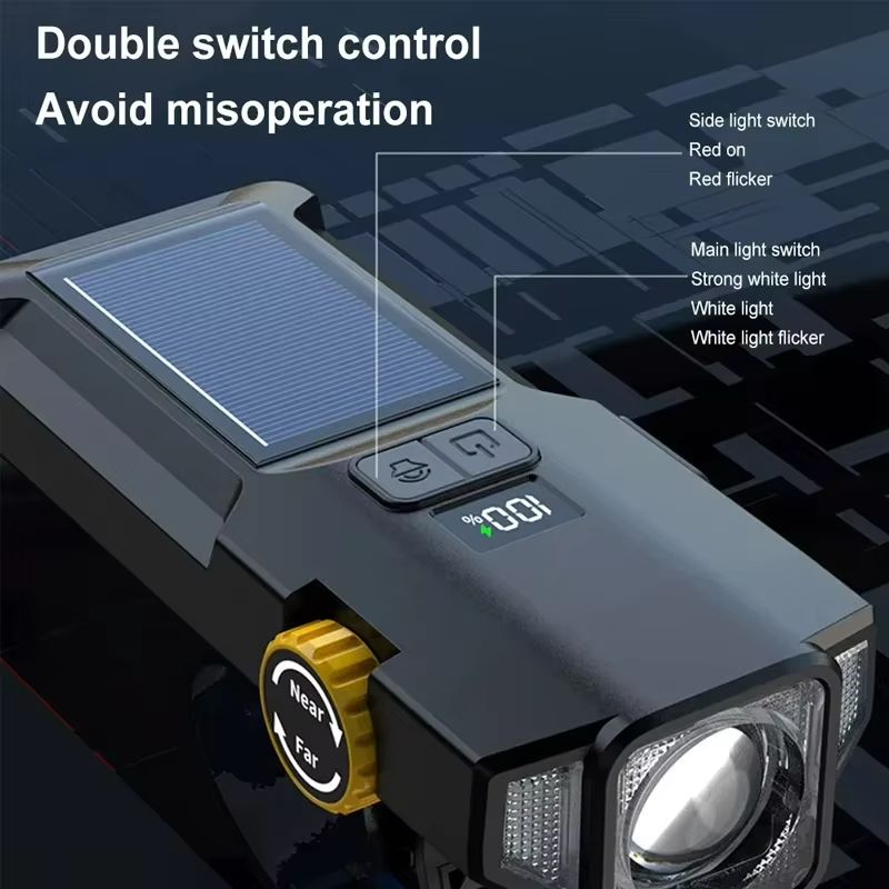 4000mAh Solar Bike Light – 2000LM Rechargeable Bicycle Front Light with Zoom Beam & COB Red Side Lamp