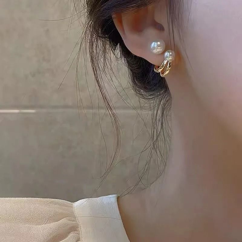 Irregular Pearl Double Hoop Stud Earrings