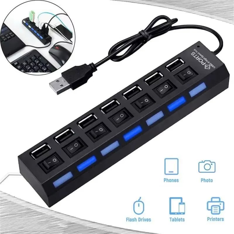7 Ports USB Hub with Switch, USB Multi USB Splitter Power Adapter for PC, Laptops, Accessories