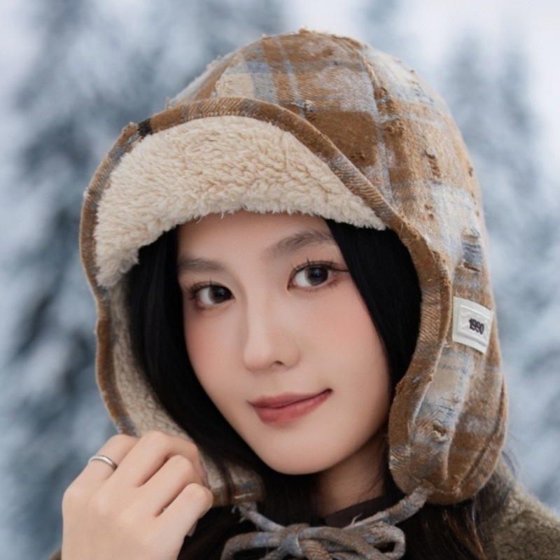 Plaid Unisex Ski Caps Thickened Warm Pilot Hat Windproof Bomber Hat