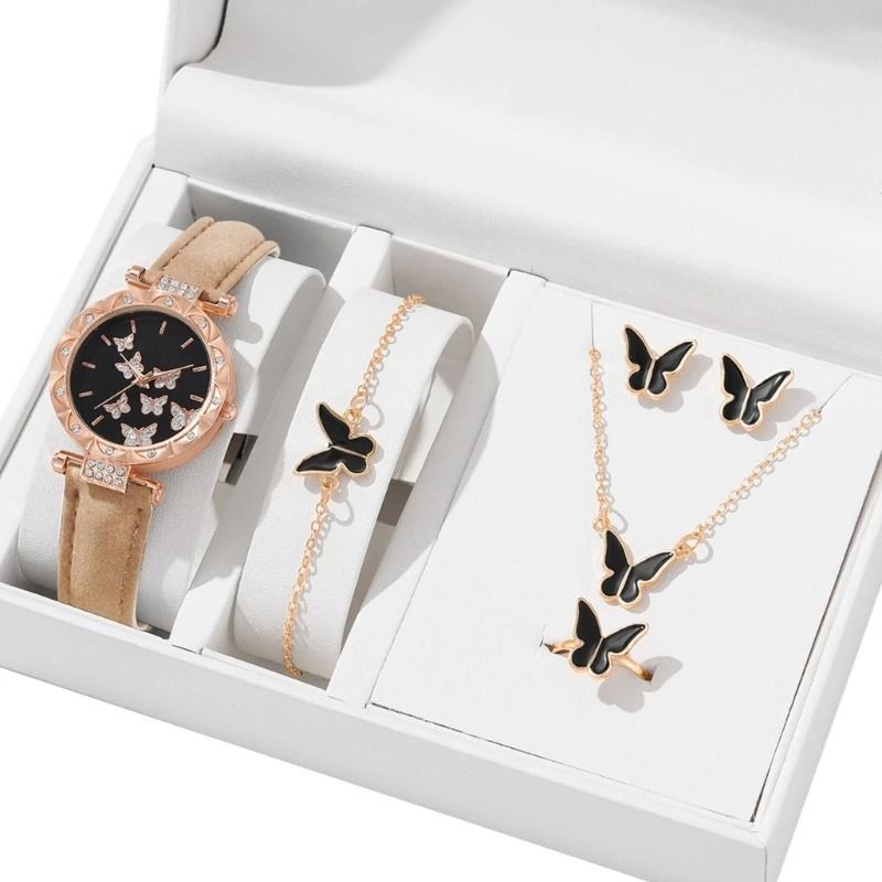Butterfly Jewelry Set Fashion Women's Quartz Watch, Leather Band, Necklace, Earrings, Bracelet, and Adjustable Ring