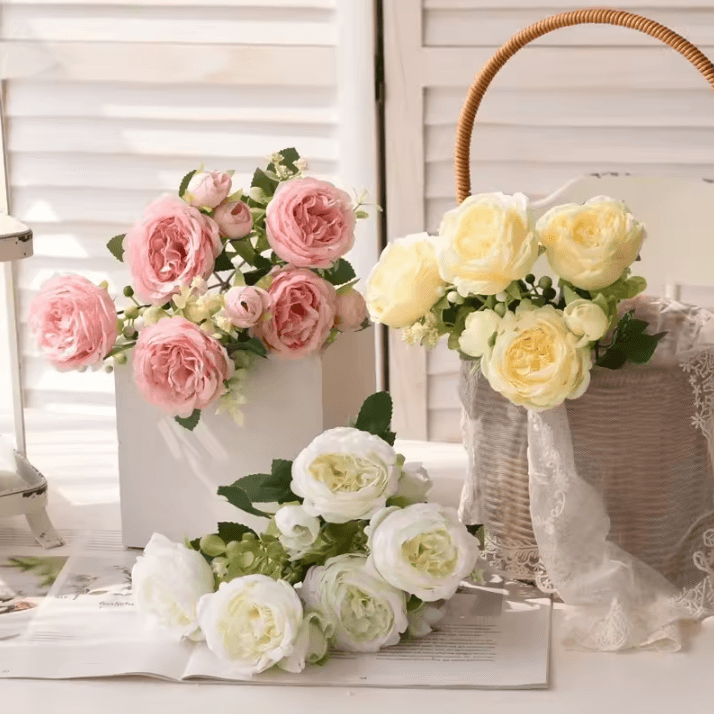 Rose Pink Artificial Peony Bouquet – 12Inch Silk Flower Arrangement for Wedding & Home Decor