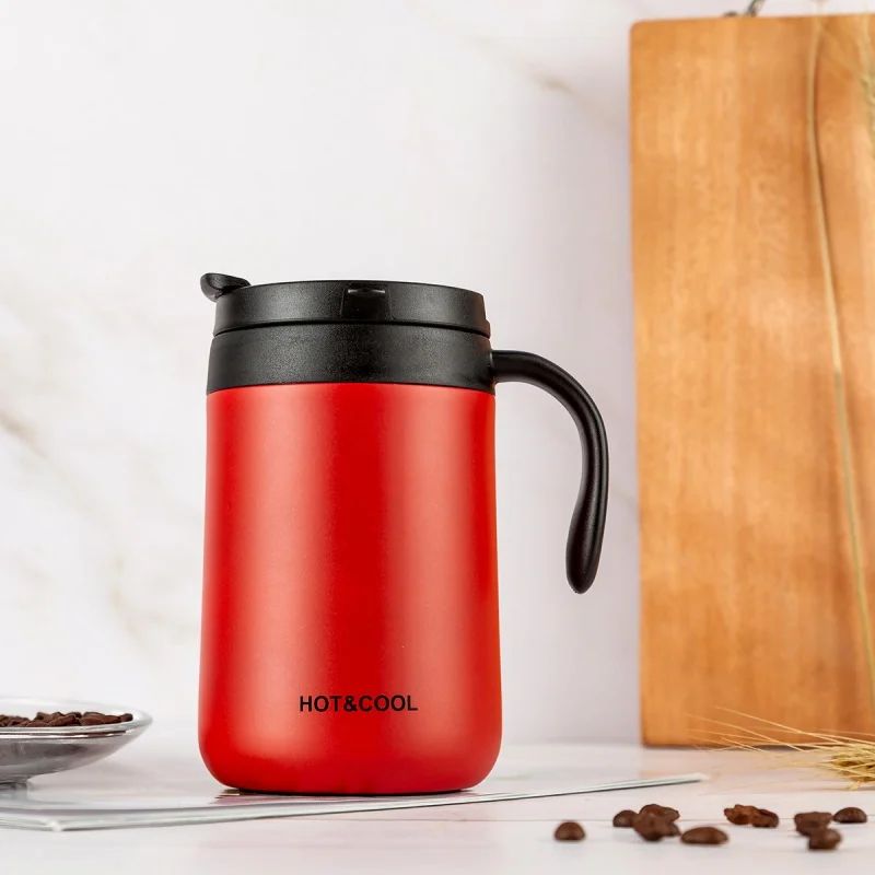Simple Solid-Color Stainless Steel Insulated Coffee Mug with Handle – Wide-Mouth Leak-Proof Thermal Office Cup