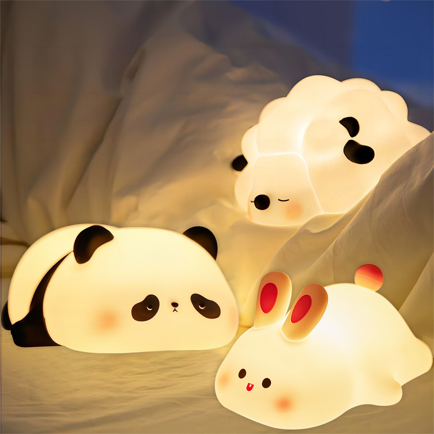 USB Rechargeable LED Night Lights, Cute Sheep Panda Rabbit Silicone Bedside Decor for Kids