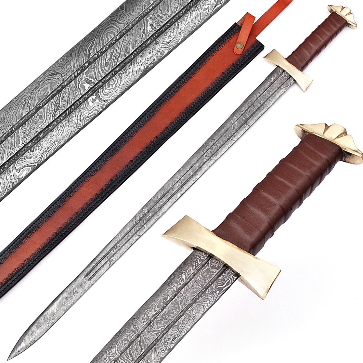 Golden High Strike Damascus Steel Battle Viking Sword, Hunting Sword Double Edge