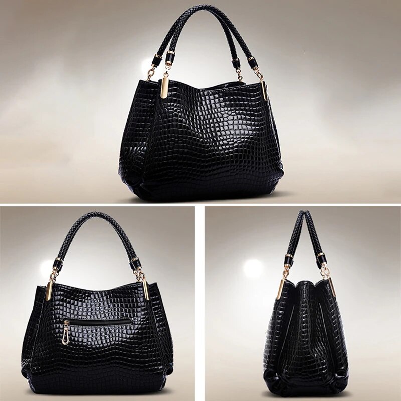 Large Capacity Women's Bag, Crocodile Print Shoulder Tote, Bright Face Handbag for Shopping and Work