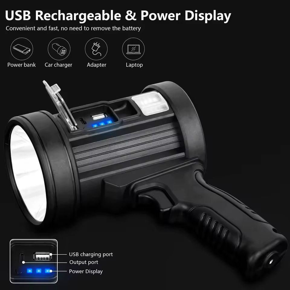 Rechargeable Spotlight 1000000 Lumens Handheld Flashlight with COB and Solar Panels