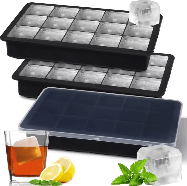 15-Grid Large Silicone Ice Cube Tray Mold Reusable Ice Block Maker for Whiskey & Cocktails