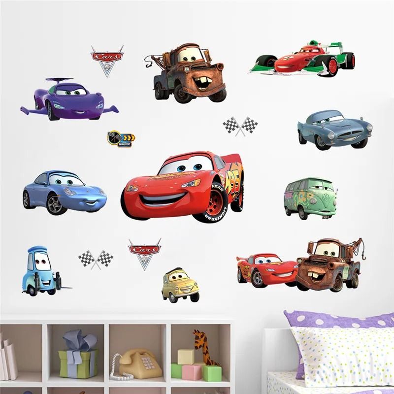 3D Cartoon Cars Breakthrough Wall Decal | Lightning McQueen Racing Mural | High-Fidelity Kid's Room & Playroom Art