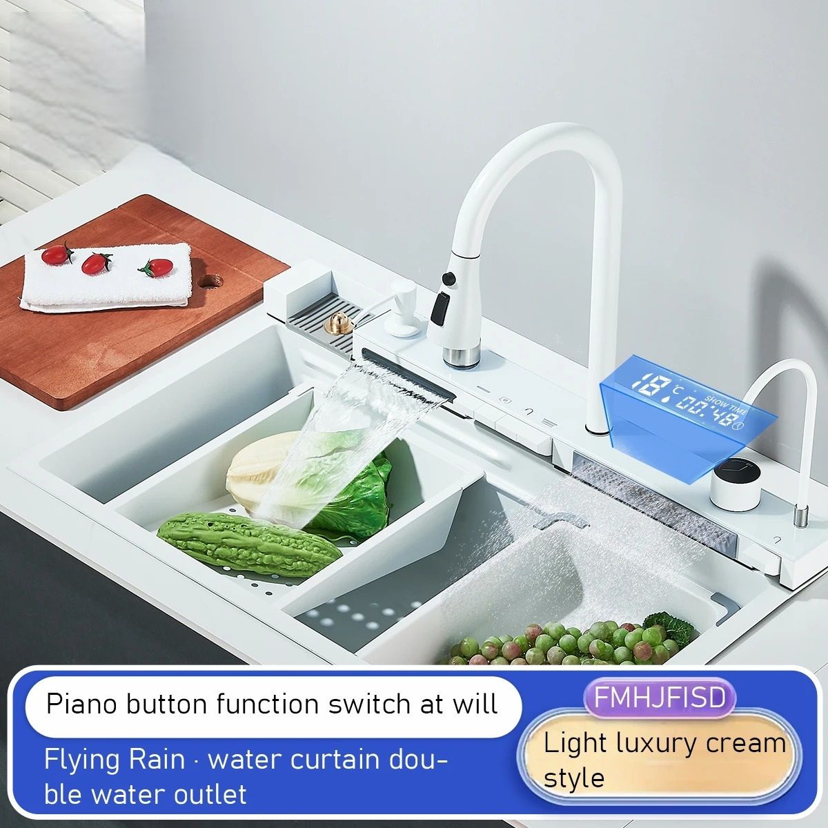 White Nano Stainless Steel Kitchen Sink – Double Waterfall Smart Digital Display Set