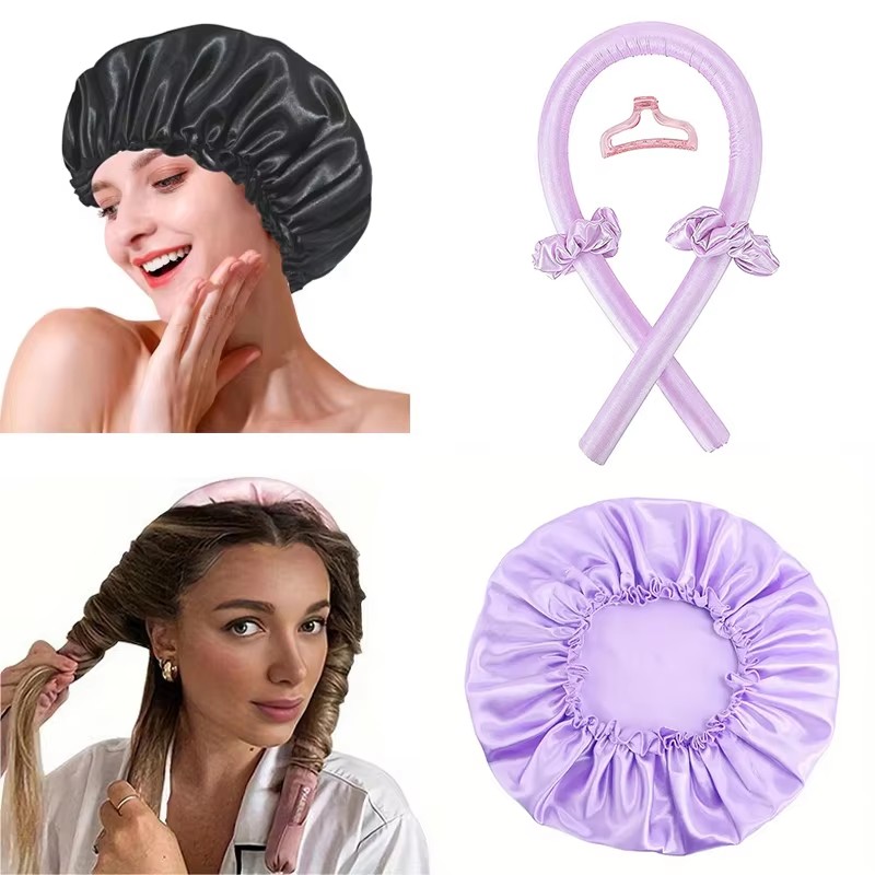 Satin Silk Hair Curler Sleeping Cap, Natural Curly Hair Headwrap Set, Long Hair Wave Care Tool