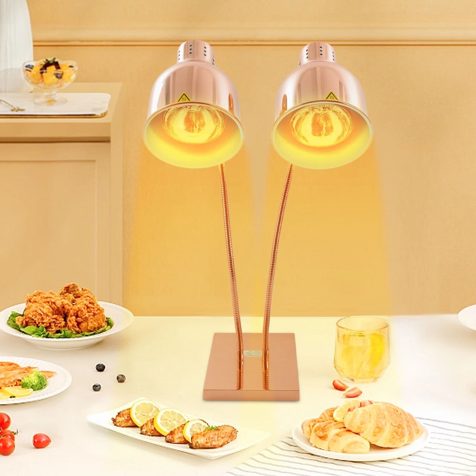 2-Head Food Warming Lamp Gold, Tabletop Food Insulation Lamp, Food Warmer