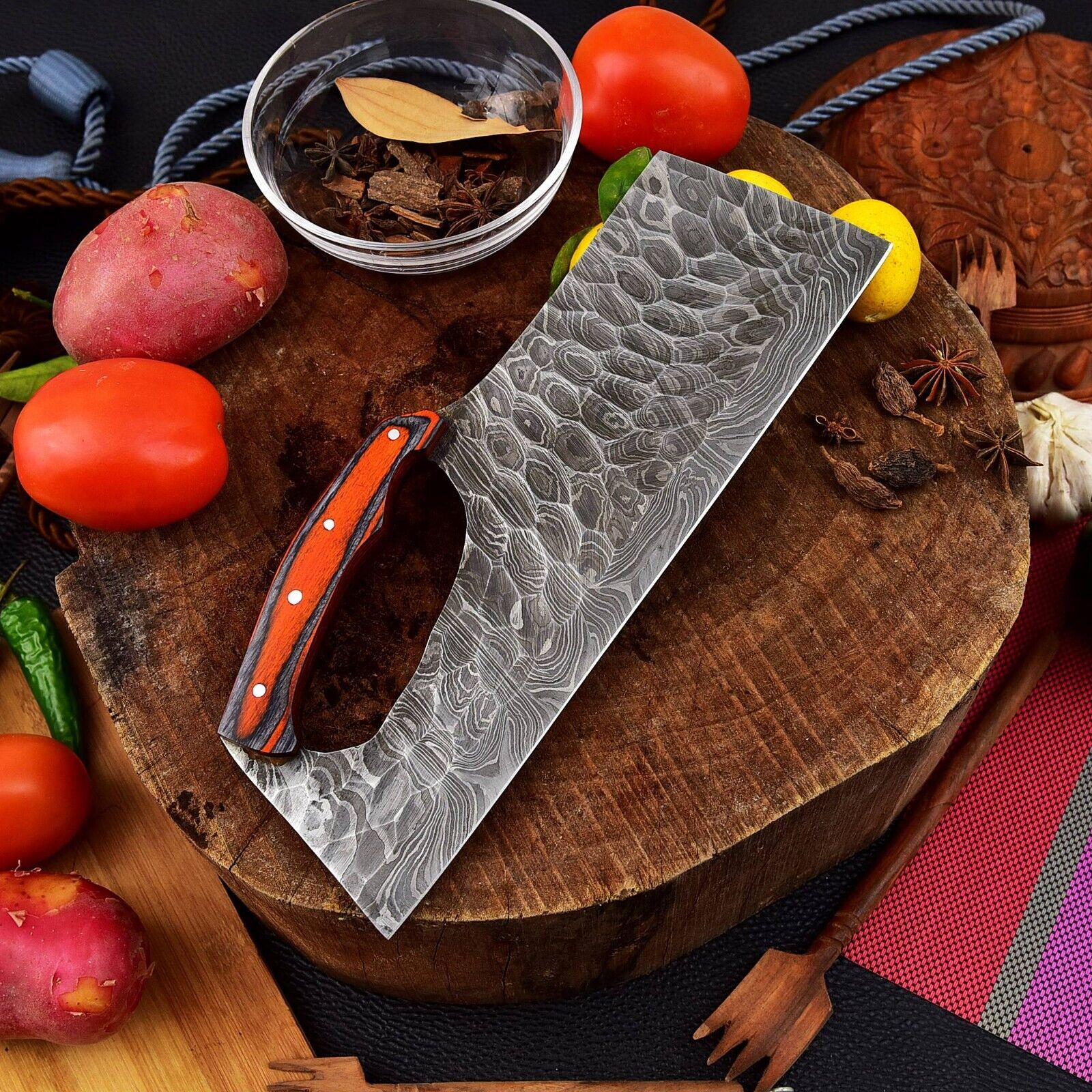 Custom Handmade Damascus Steel Chef Cleaver With Wood Handle & Leather Sheath