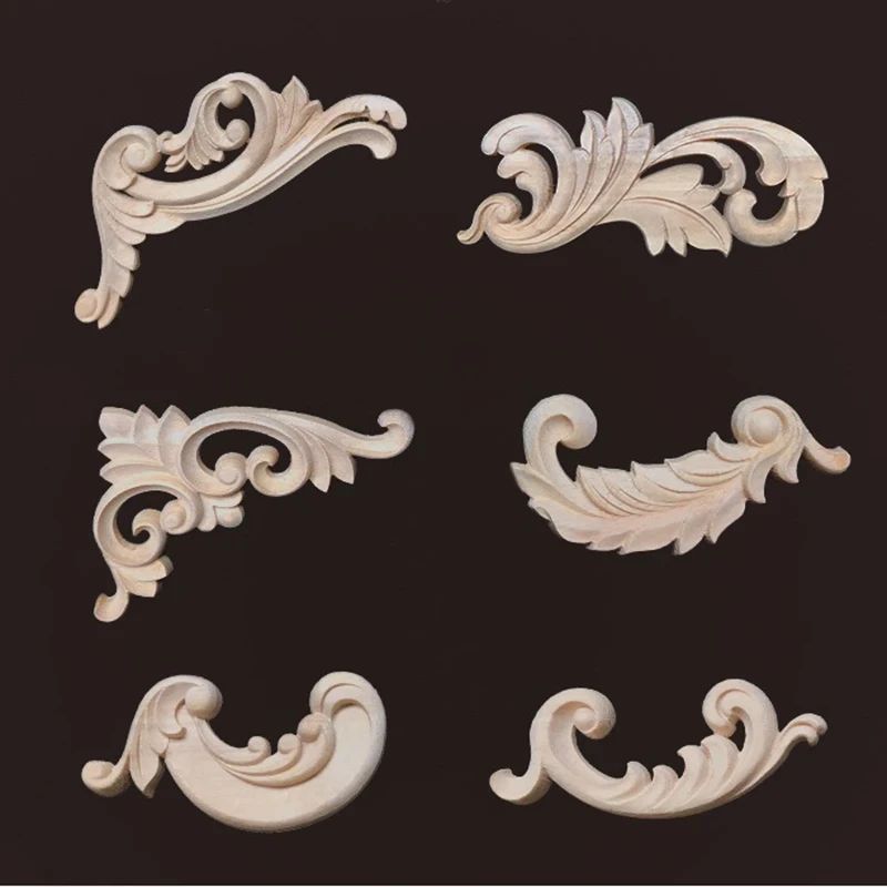 Wood Carved Corner Appliques Decorative Furniture Trim Floral Wood Onlays Set