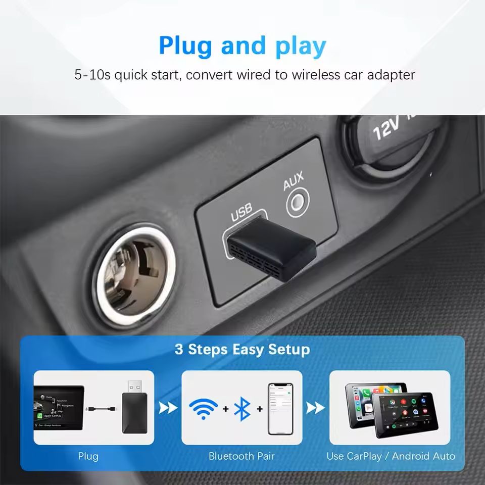 2-in-1 Wired to Wireless CarPlay and Android Auto Adapter with USB Plug