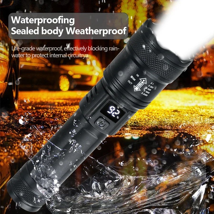 USB Rechargeable 2000LM Tactical LED Flashlight with Zoom and Display