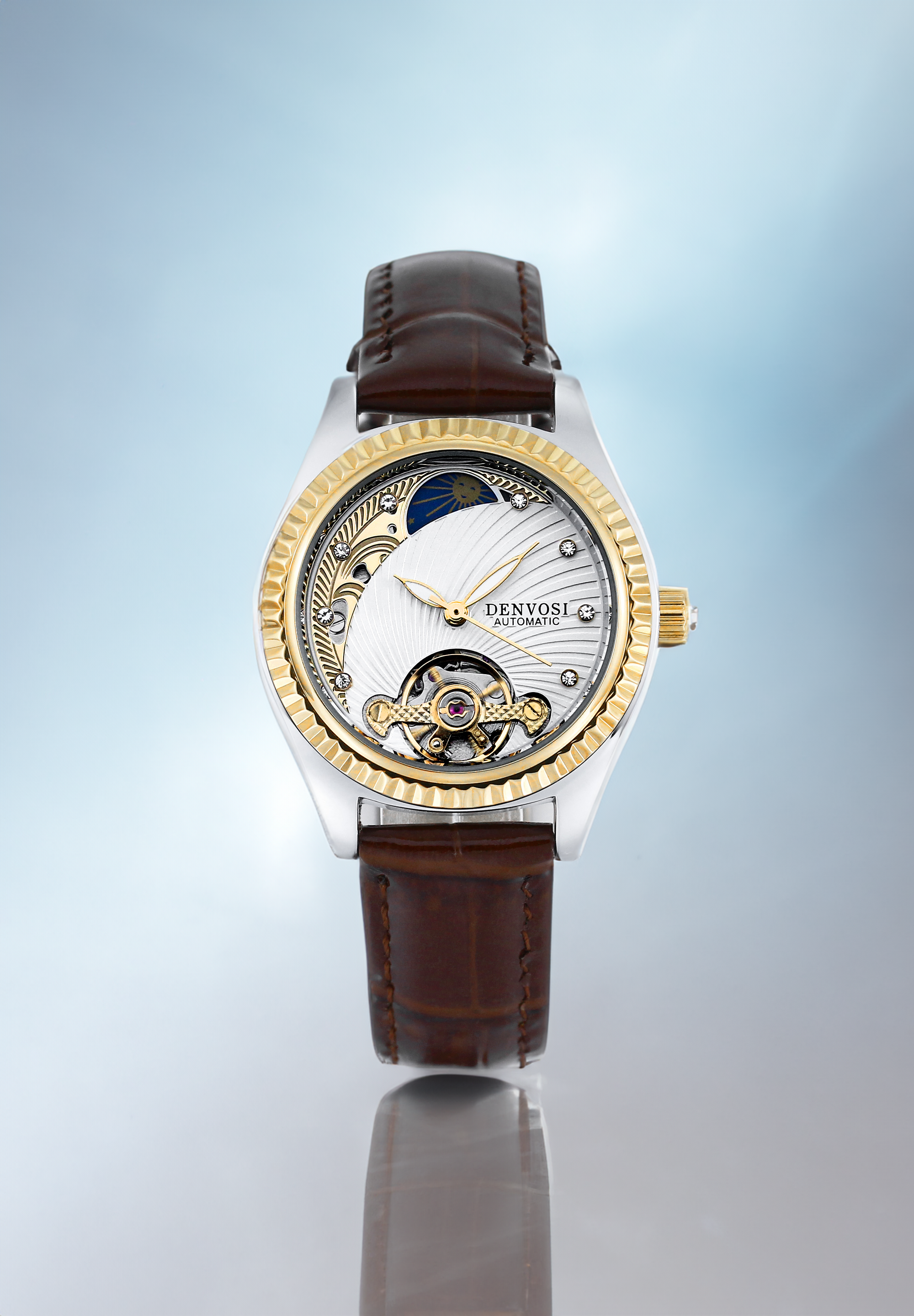 Luxury Fashion Casual Leather Watch for Ladies, Flywheel Double Hollowed Automatic Mechanical Waterproof Timepiece