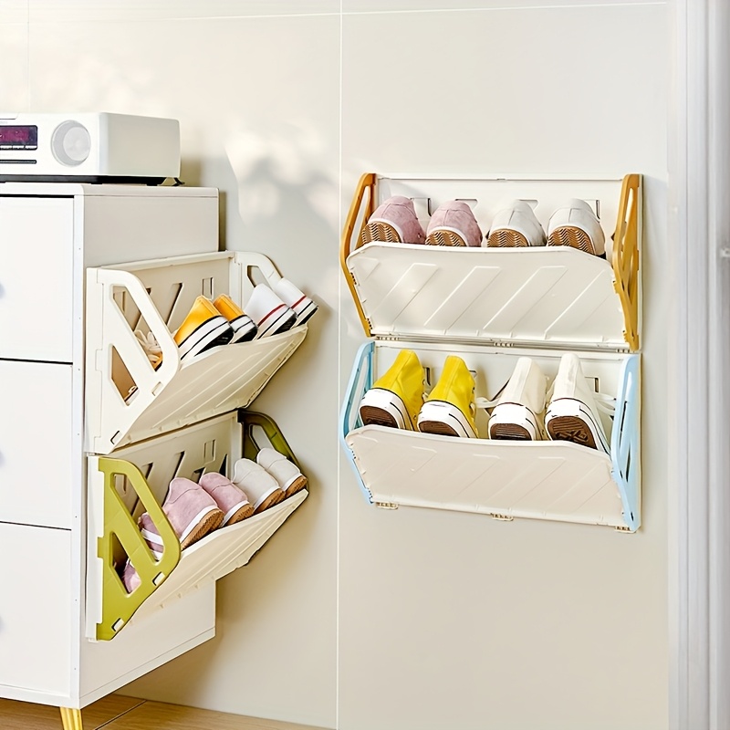 Wall-Mounted Shoe Rack, Multi-Layer Space Saver, Hidden Storage Shelf, Foldable Plastic Organizer, No-Drill Installation