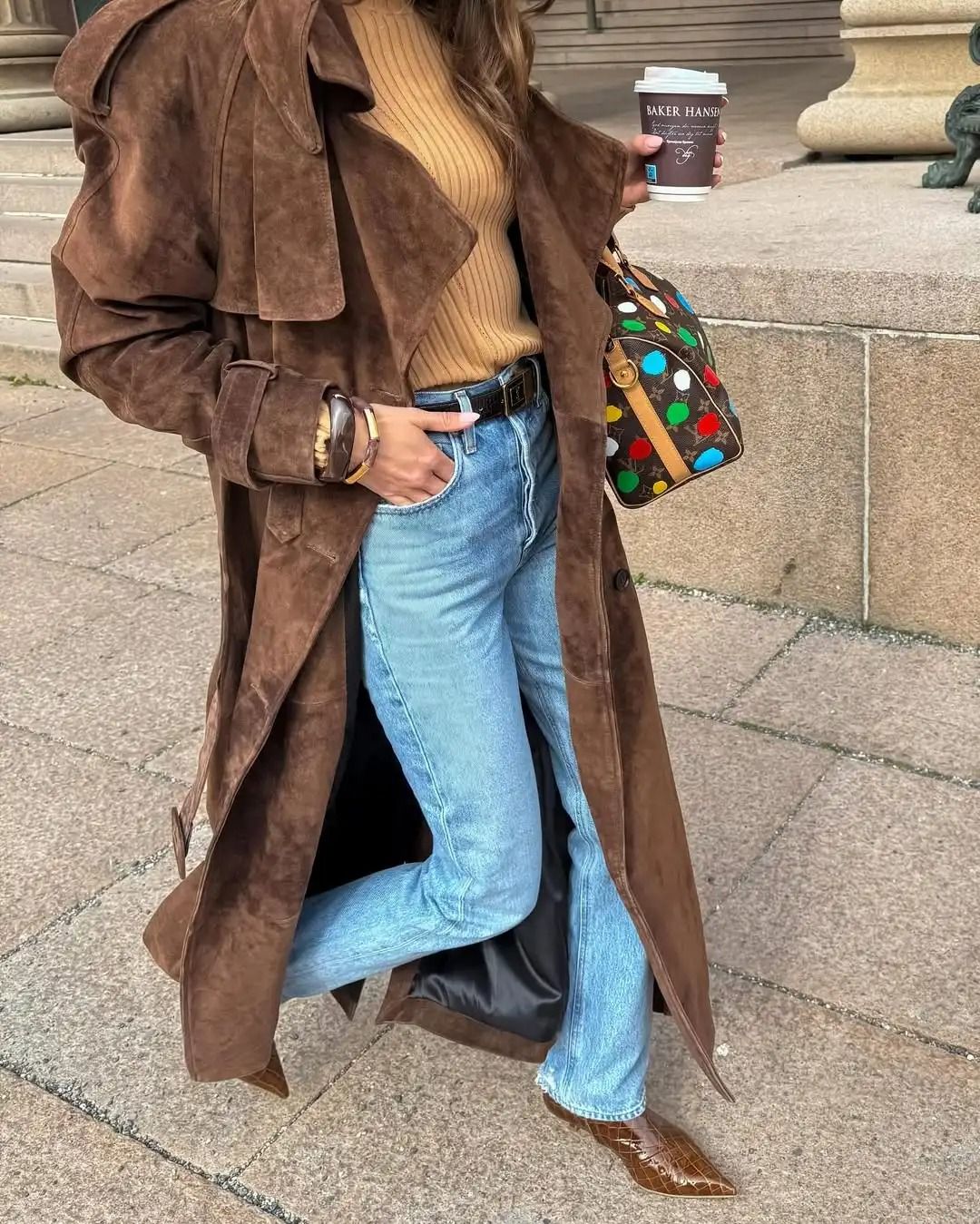 Brown Long Suede Overcoat Women Fashion Solid Lapel Single Breasted Loose Outerwear