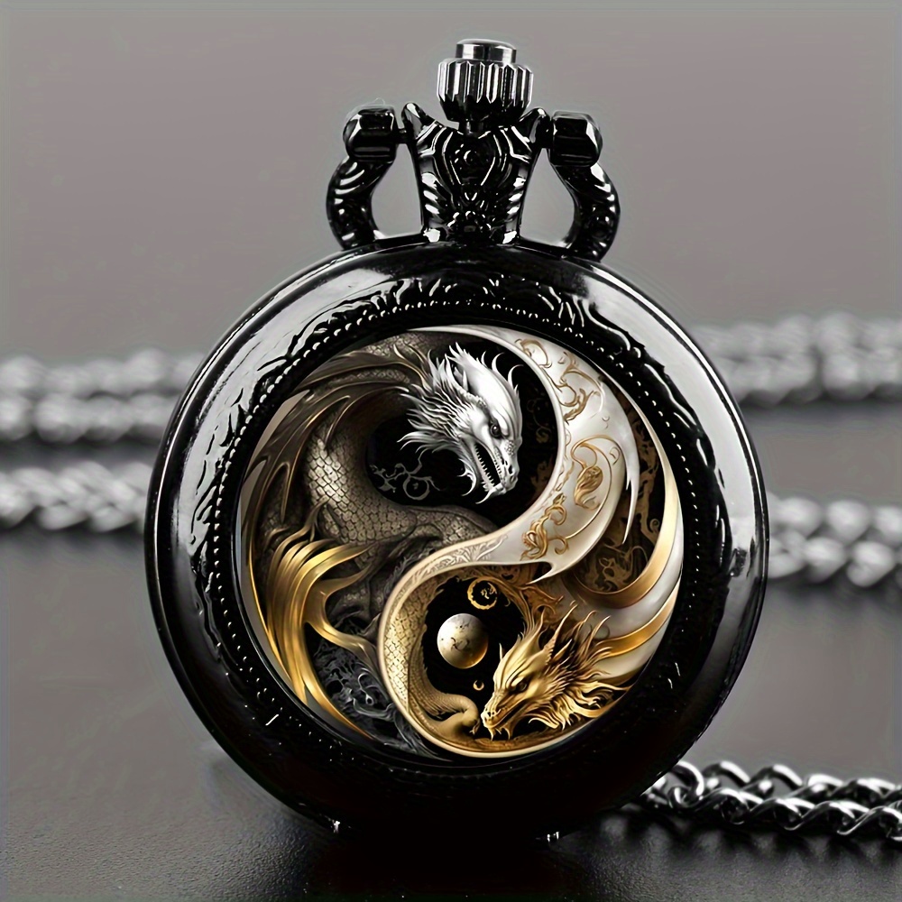 Retro Golden Silvery Double Dragon Quartz Pocket Watch, Stylish Design