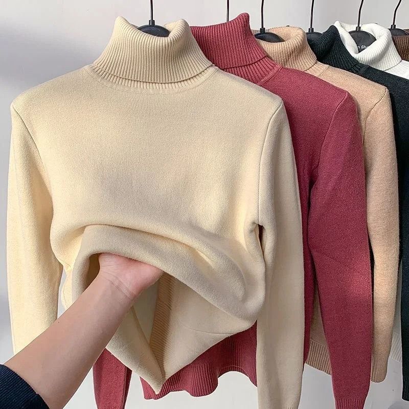 Elegant Thicken Velvet-Lined Turtleneck Sweater – Slim Knit Pullover & Warm Winter Jumper
