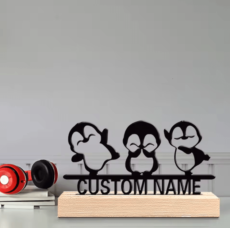 Personalized Penguin Metal Statue Trio with Wooden Base – Cute Custom Desk Decor