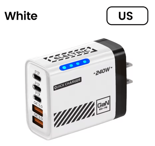 240W GaN 5 Port USB-C Fast Charger with EU US Plug for Laptop and Phone