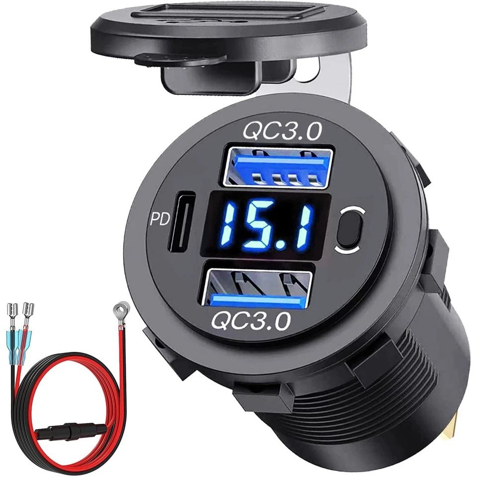 Car Fast Charger, PD QC Dual USB Power Socket Outlet with LED Voltmeter, Waterproof, Charging Power