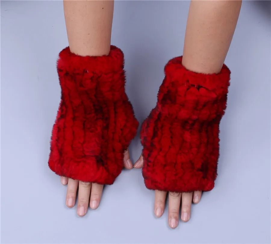 Luxury Rex Rabbit Fur Fingerless Gloves Fluffy Womens Winter Wrist Warmers