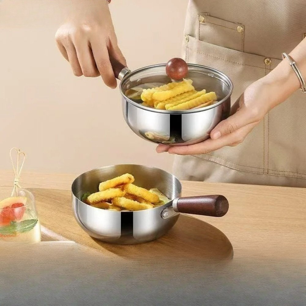 Stainless Steel Saucepan with Glass Lid & Wooden Handle Multipurpose Cooking Pot for Frying, Sauteing & Serving Food