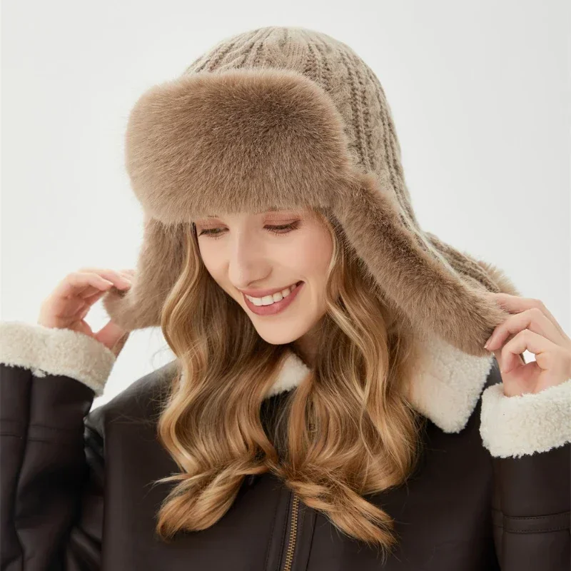 Womens Russian Caps Fur Winter Thickened Warm Knit Ushanka Earflap Pilot Hat Ski Snow Bomber Hat