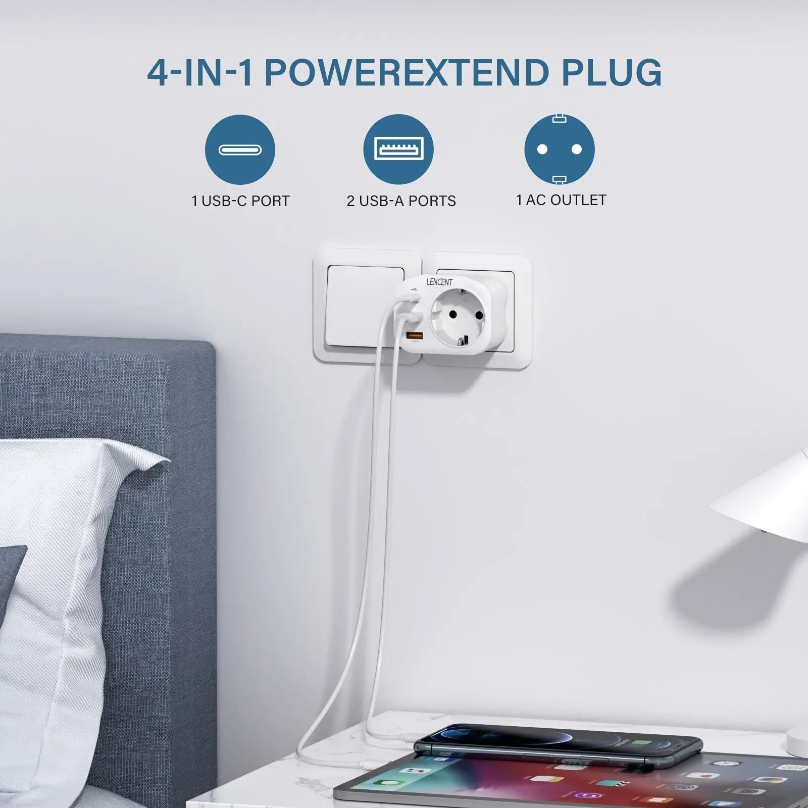 EU Plug Wall Socket Extender with USB and Type C Fast Charging