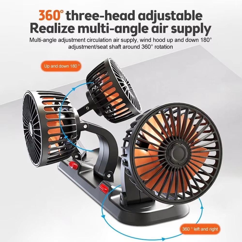 360° Adjustable Triple-Head Car Fan 2-Speed USB/12V/24V Silent Air Circulation Fan