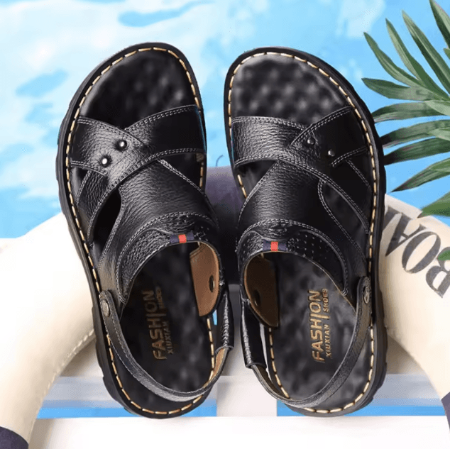 Genuine Leather Mens Beach Sandals with Thick Non-Slip Sole