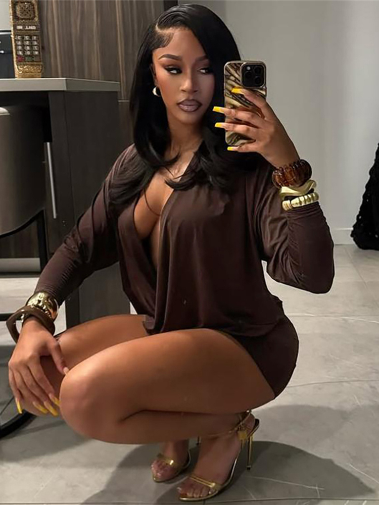 Sisterlinda Women's Elegant Deep V-Neck Mini Dress, Full Sleeve Skinny Peach Hip, Sexy Fashion Bodycon for Midnight Club