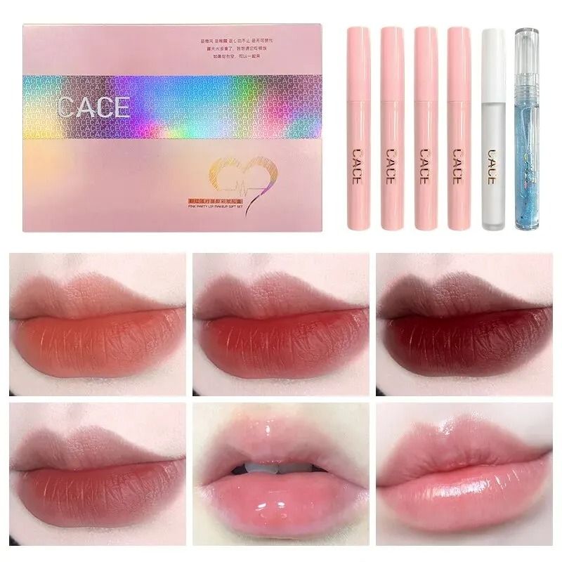 Matte Liquid Lipstick Set with Gloss, Lip Plumper and Necklace 6 Piece Gift Set