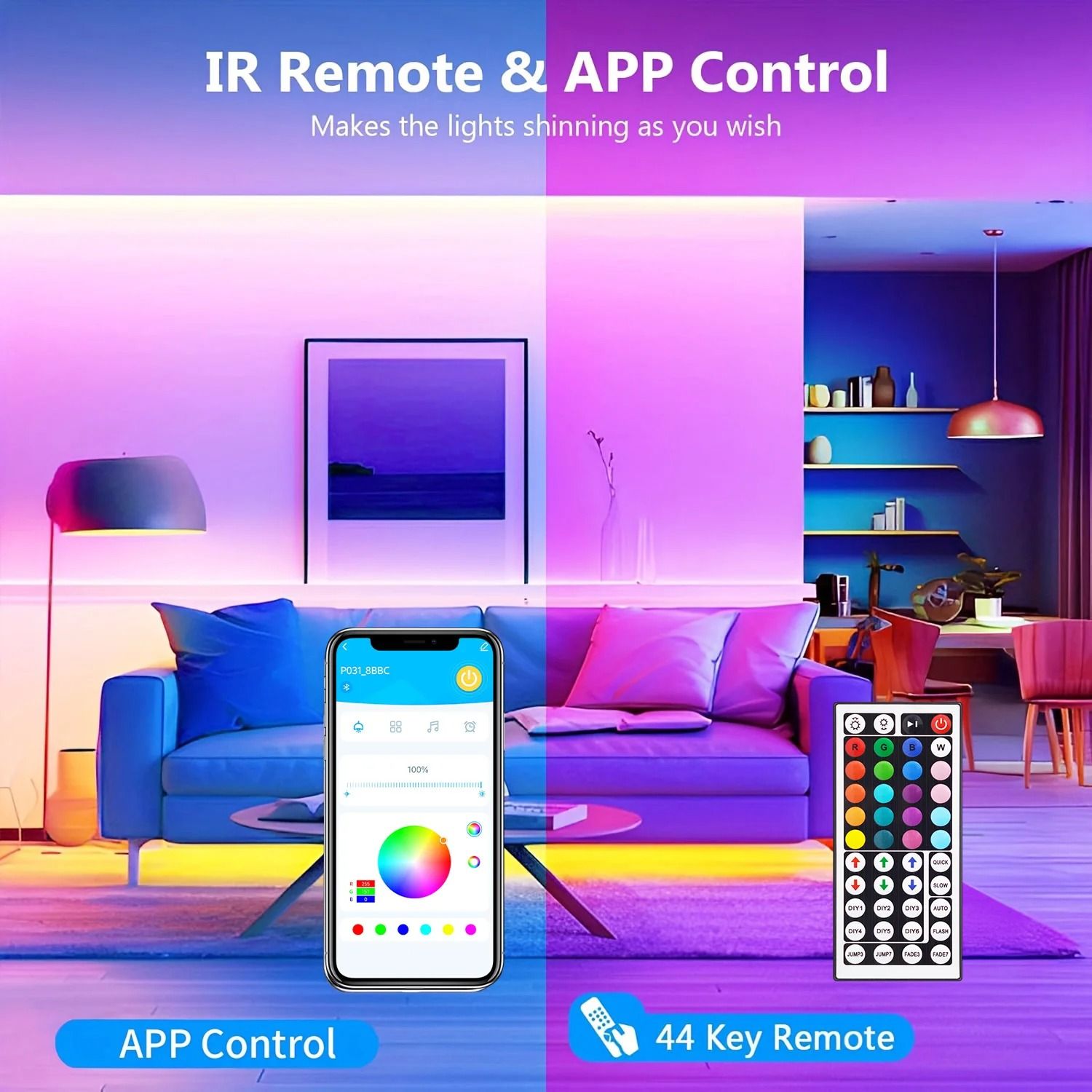 100 ft RGB LED Strip Lights with Remote and App Control