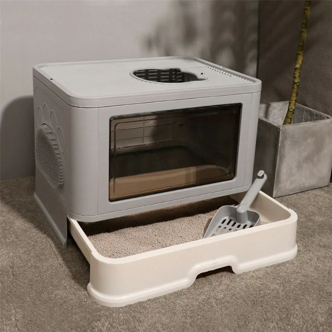 Foldable Cat Litter Box with Massager, Front Entry & Top Exit Toilet & Enclosed Litter Scoop
