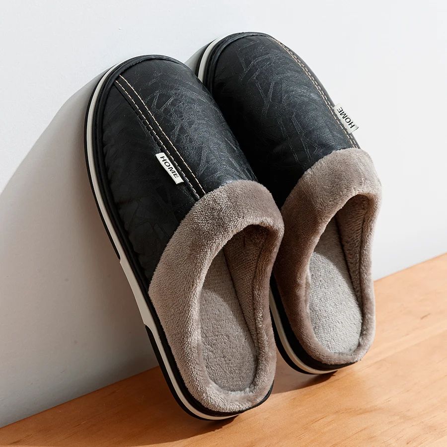 Mens Winter PU Leather Fur Lined Home Slippers