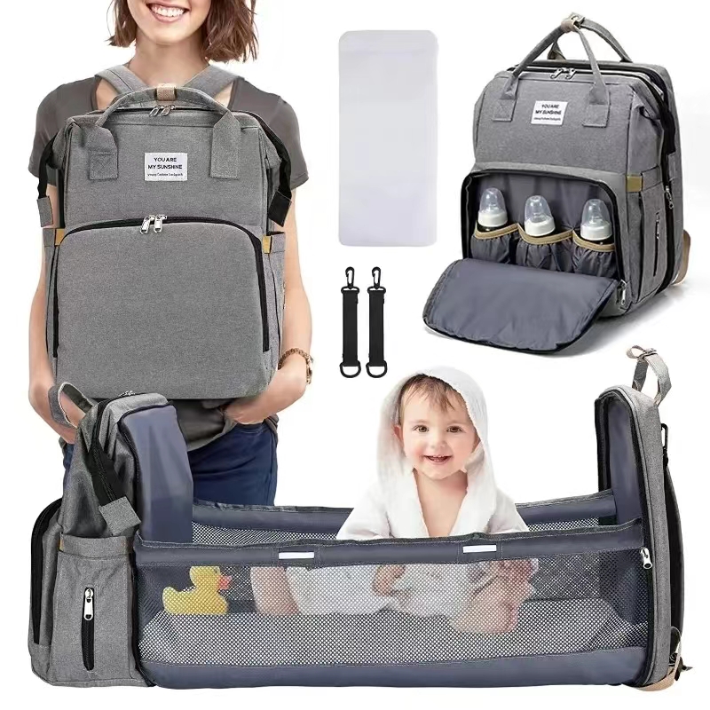 Fold able Bed Diaper Bag with Changing Station, Insulated Pocket, Large Capacity, Multi-Functional Double Shoulder