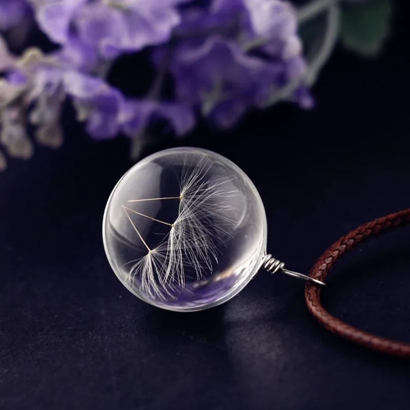 Round Dandelion Pendant Necklace with Transparent Glass Charm