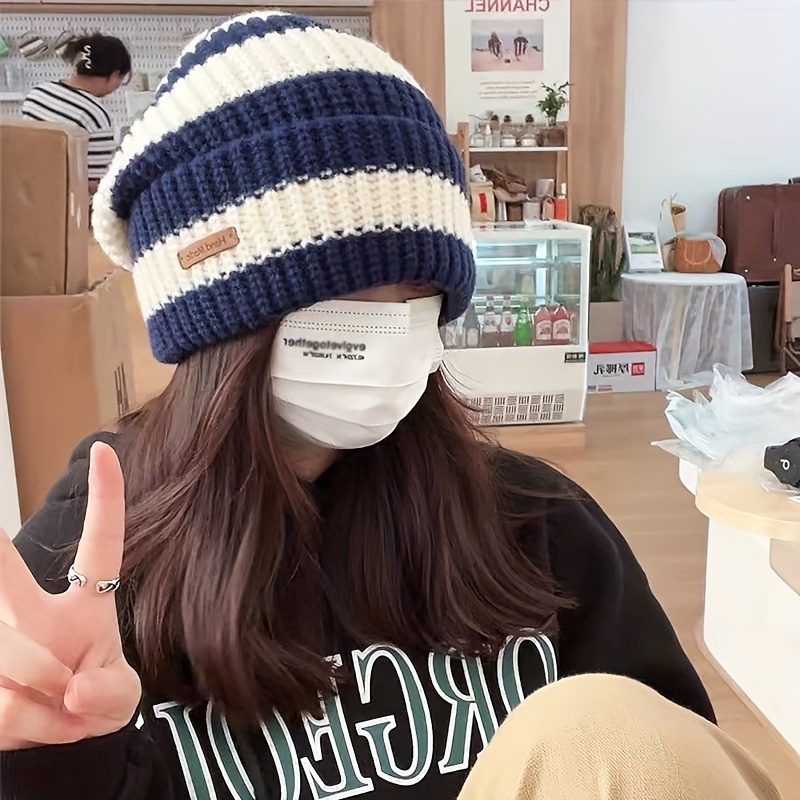 Warm Windproof Autumn Winter Hat, Korean Fashion Striped Knitted Hat, Trend Lightweight Hat For Men Women Outdoor Cyclin