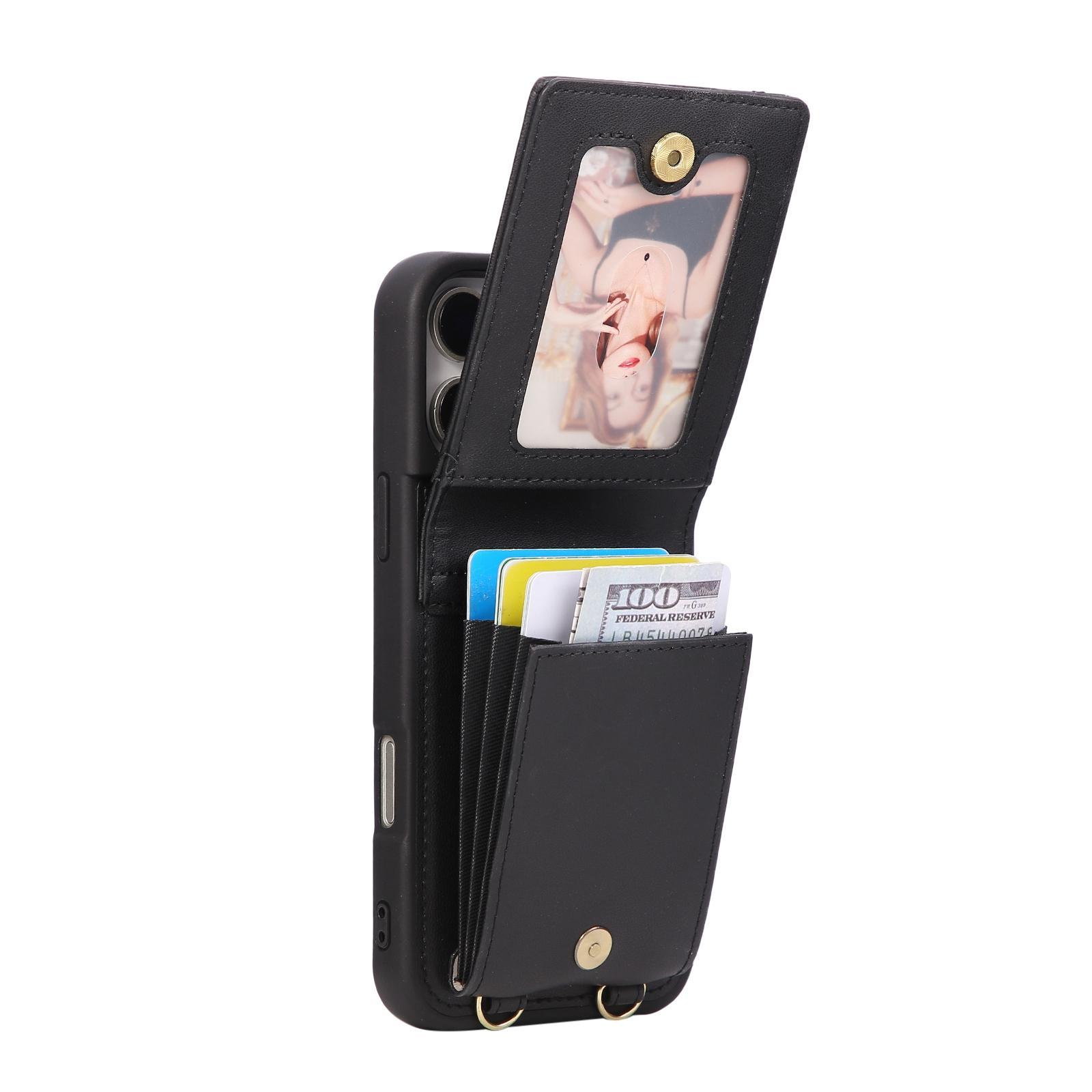 Leather Crossbody iPhone Wallet Case with Zipper Pocket & Lanyard Strap