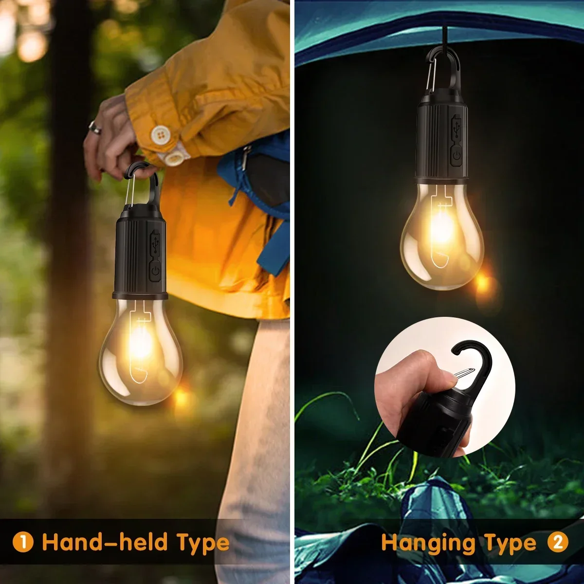 Portable LED Camping Light with Type C Charging Waterproof Lantern for Hiking & Fishing, Warm Light Lamp with Hook