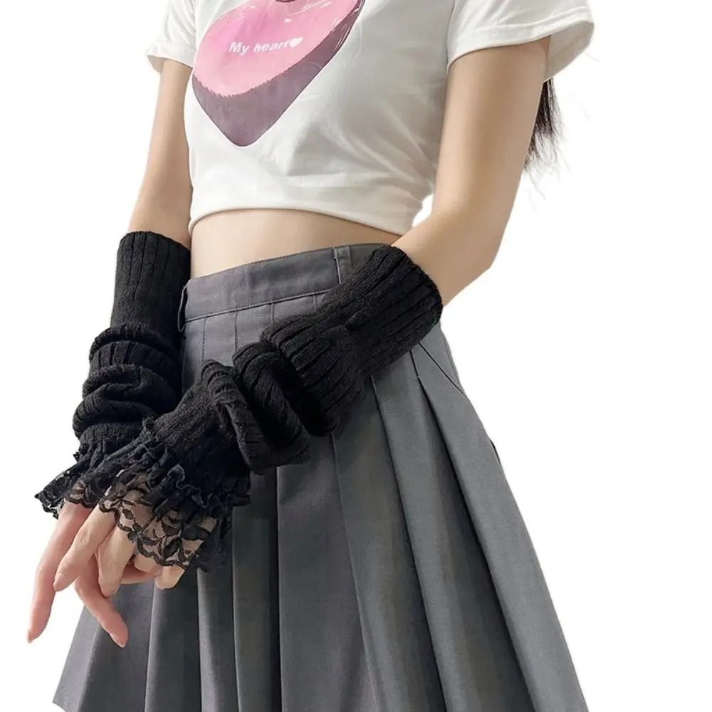 Elegant Lace-Trimmed Knitted Arm Warmers - Lolita & Harajuku Style