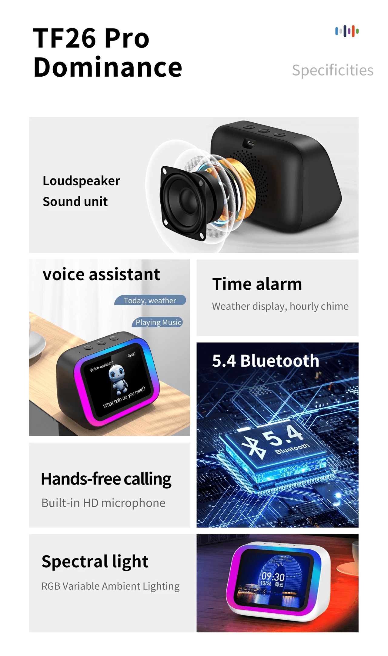 Smart Bluetooth 5.4 Speaker with Touch Screen Display and Alarm Clock