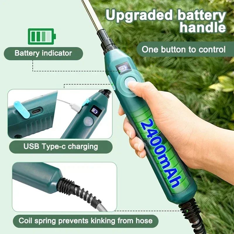 High-Pressure Electric Garden Sprayer (2400mAh) with 3 Nozzles & Telescopic Wand