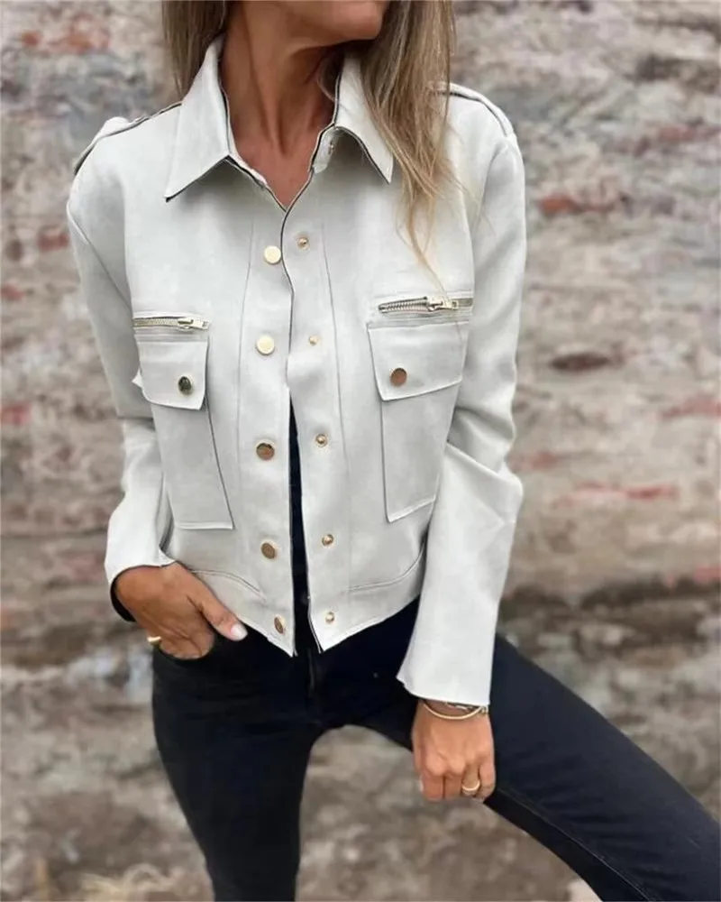 2025 Autumn Suede Jacket Long Sleeved Collar Jacket with Metal Zipper