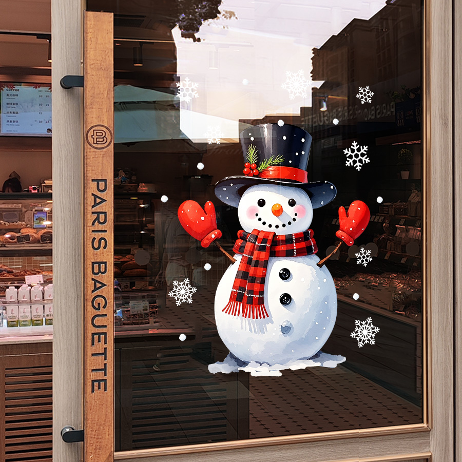 Static Cling Sticker, Christmas Window Sticker, Glass Sticker with Snowman, White Snowflakes, Christmas Hats, Holiday