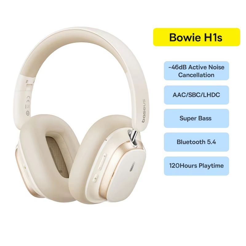 Baseus Bowie H1s Bluetooth Noise Cancelling Headphones Hi-Res Wireless Over-Ear Headset with 120H Battery